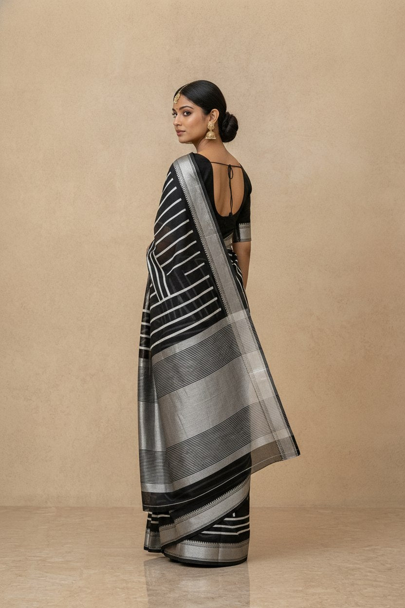 Printed Chanderi-Style Cotton Silk Saree in Black White