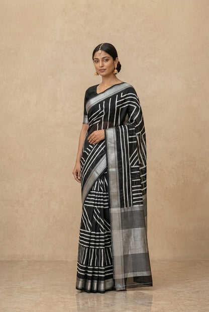 Printed Chanderi-Style Cotton Silk Saree in Black White