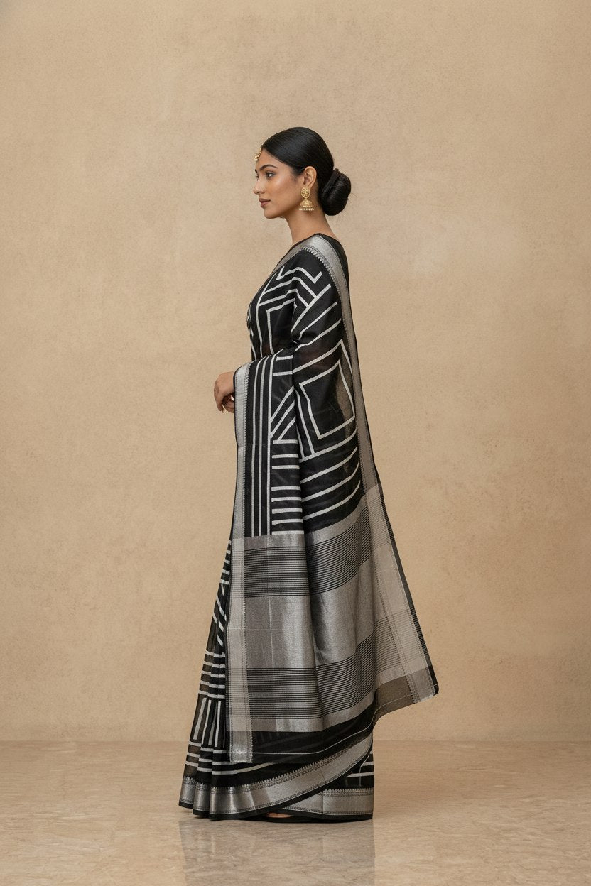 Printed Chanderi-Style Cotton Silk Saree in Black White