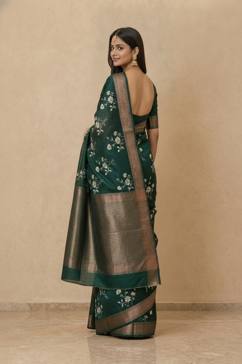 Printed Chanderi-Style Cotton Silk Saree in Dark Green