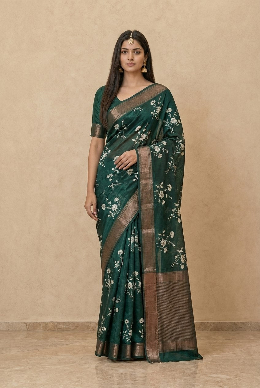 Printed Chanderi-Style Cotton Silk Saree in Dark Green