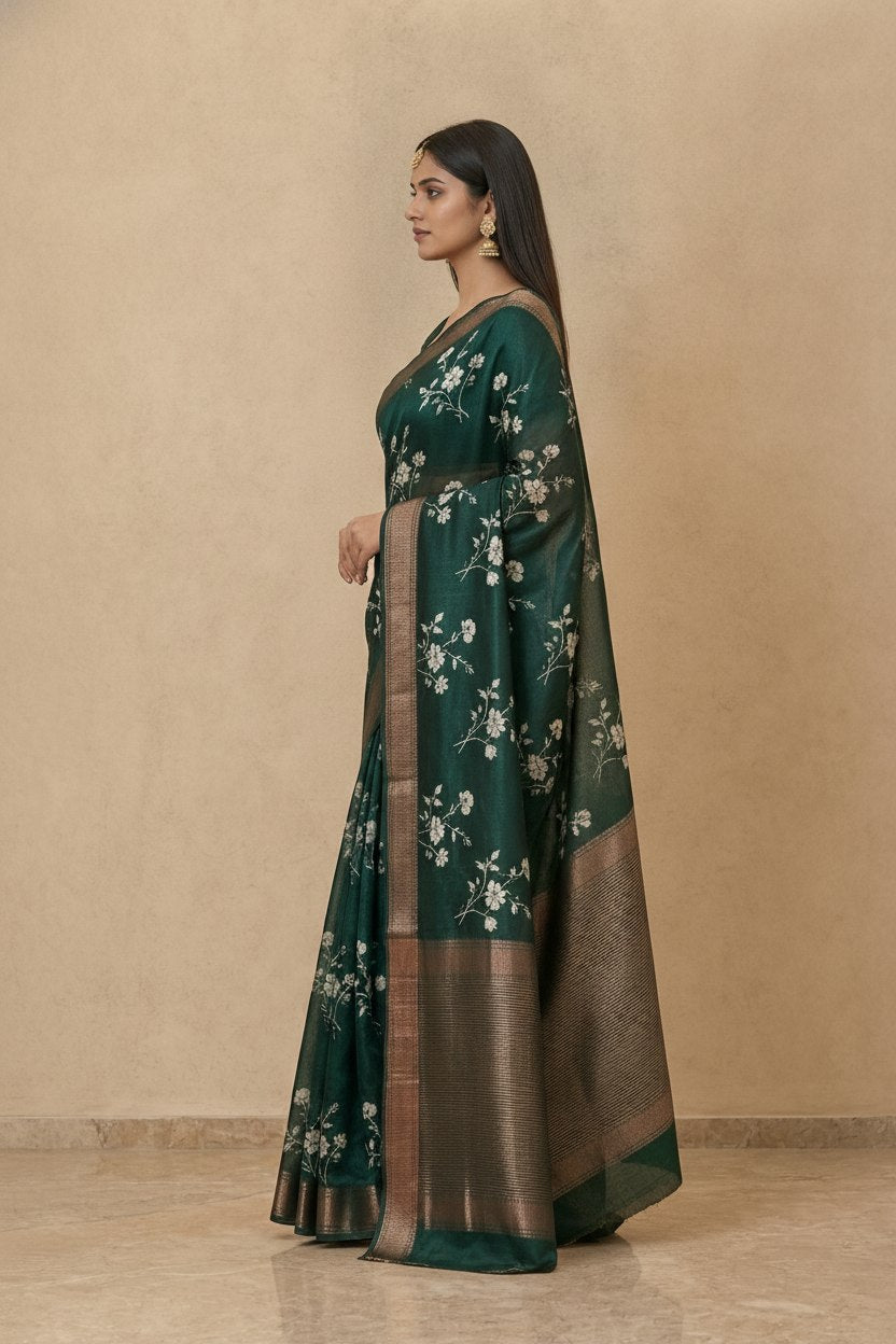 Printed Chanderi-Style Cotton Silk Saree in Dark Green