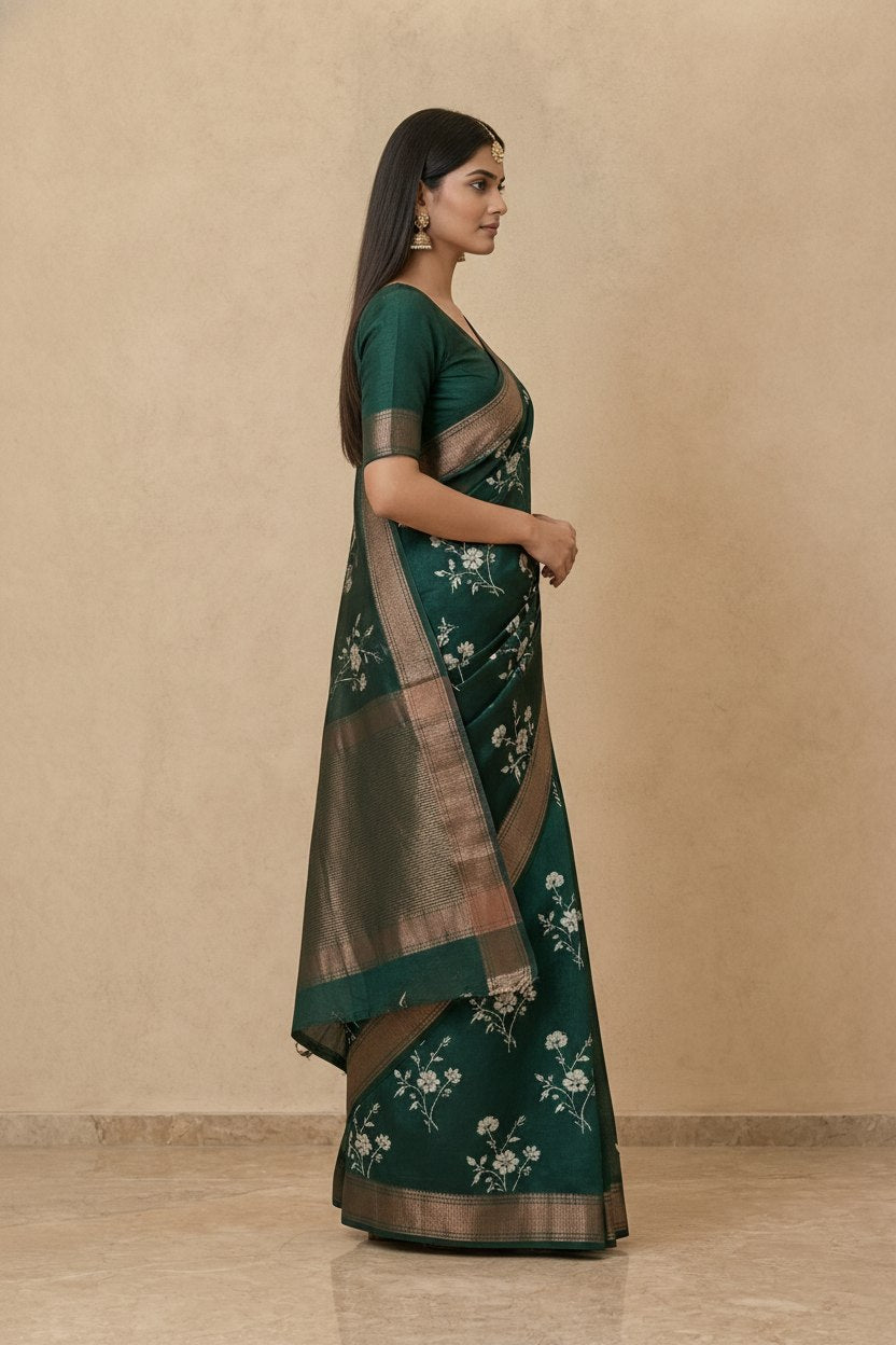 Printed Chanderi-Style Cotton Silk Saree in Dark Green