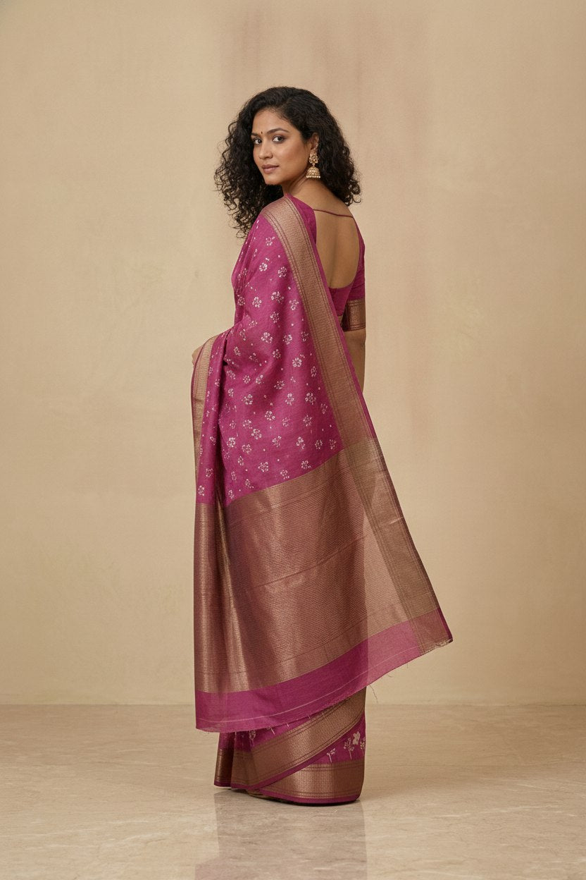 Printed Chanderi-Style Cotton Silk Saree in Magenta