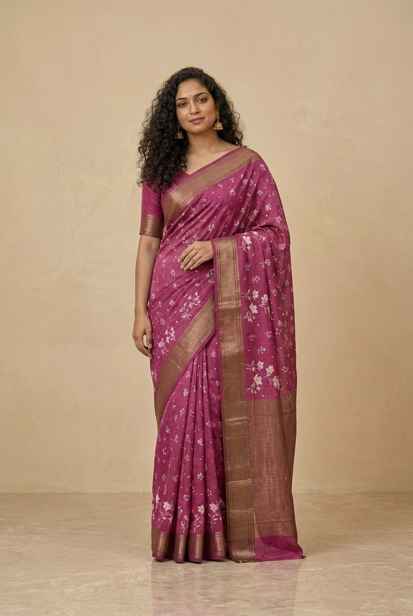 Printed Chanderi-Style Cotton Silk Saree in Magenta