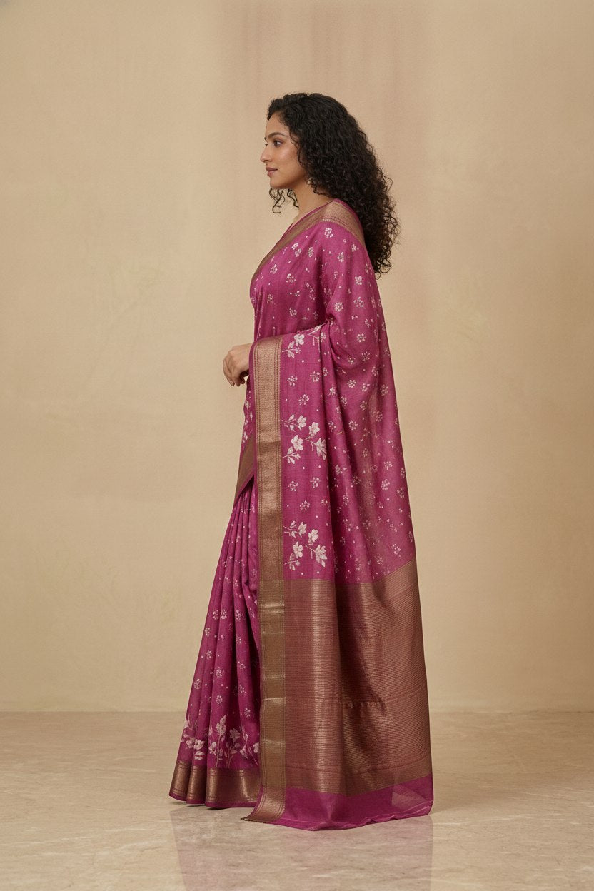 Printed Chanderi-Style Cotton Silk Saree in Magenta