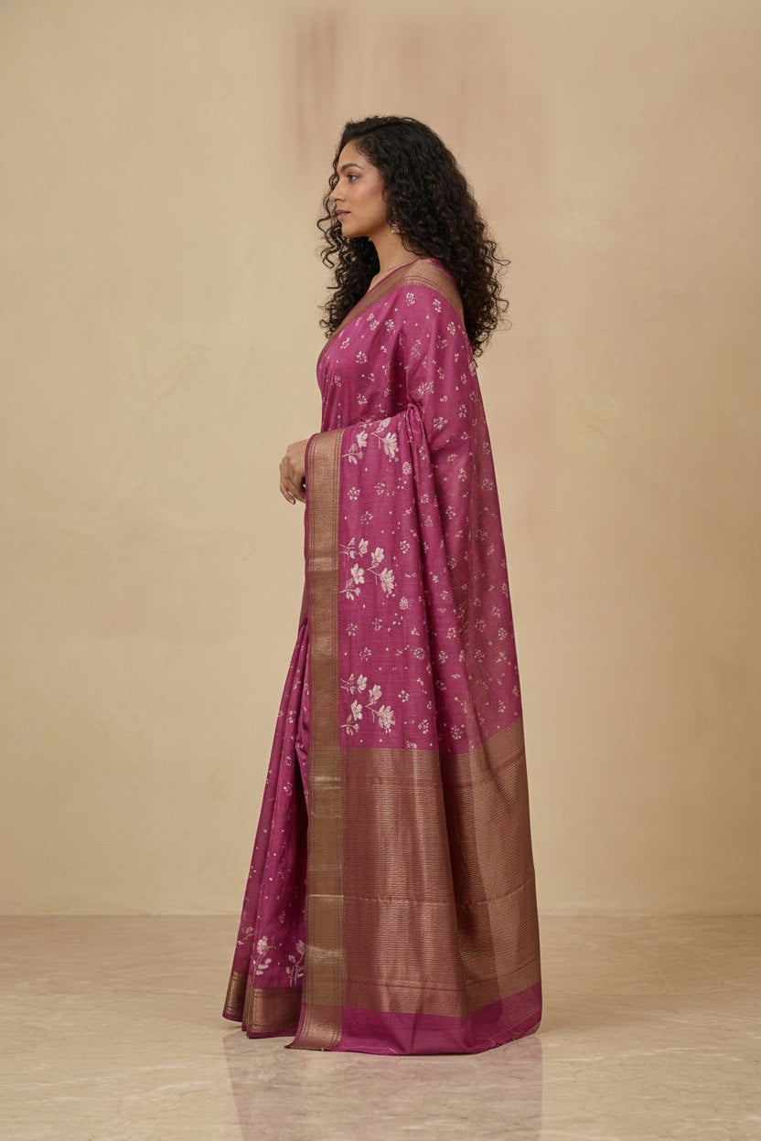 Printed Chanderi-Style Cotton Silk Saree in Magenta