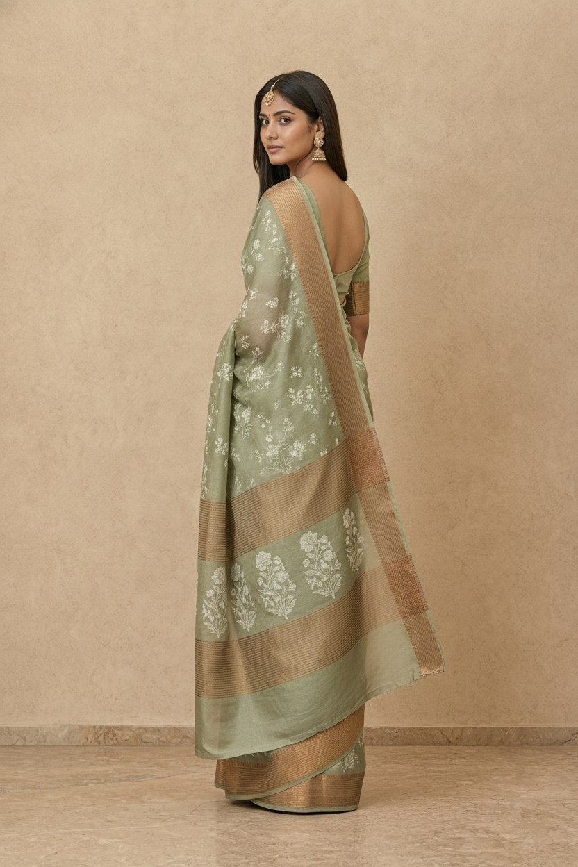 Printed Chanderi-Style Cotton Silk Saree in Sage
