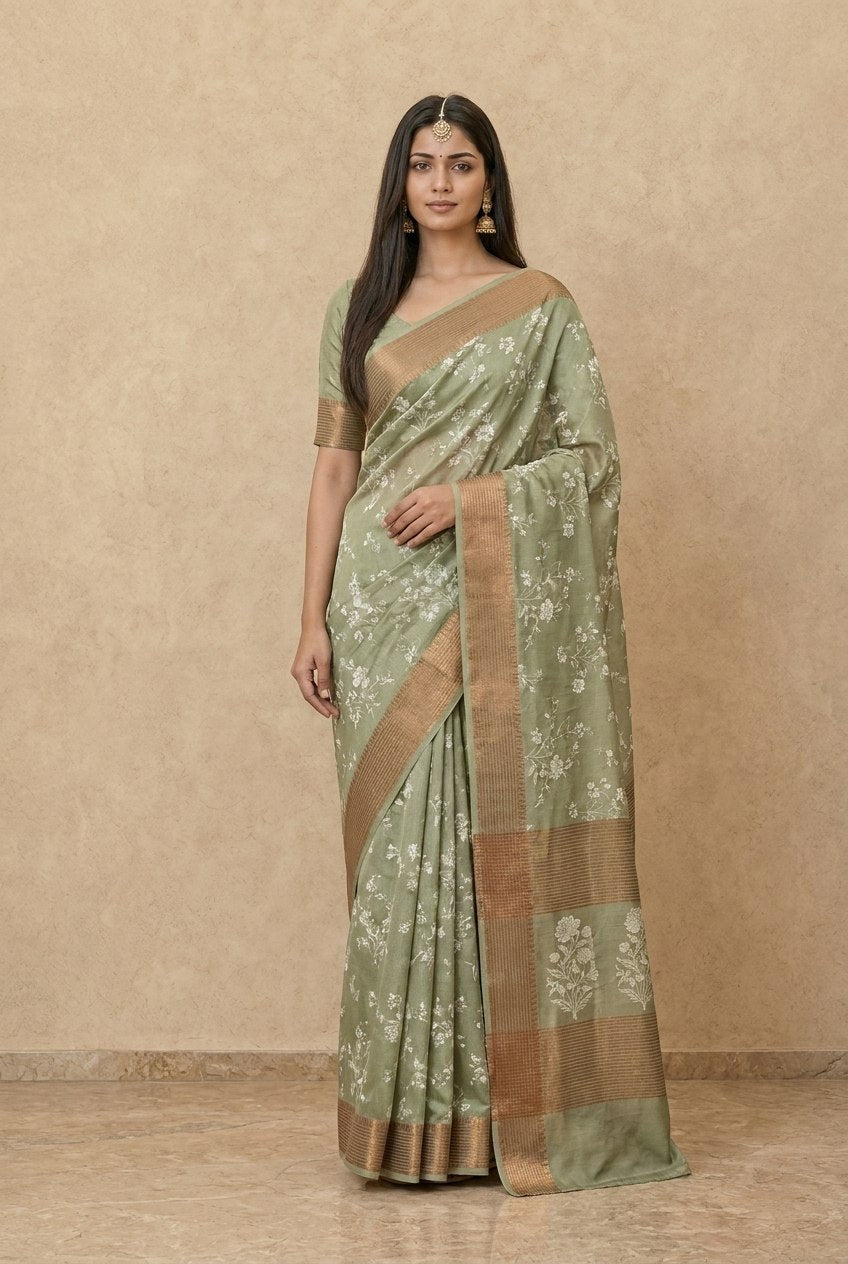 Printed Chanderi-Style Cotton Silk Saree in Sage
