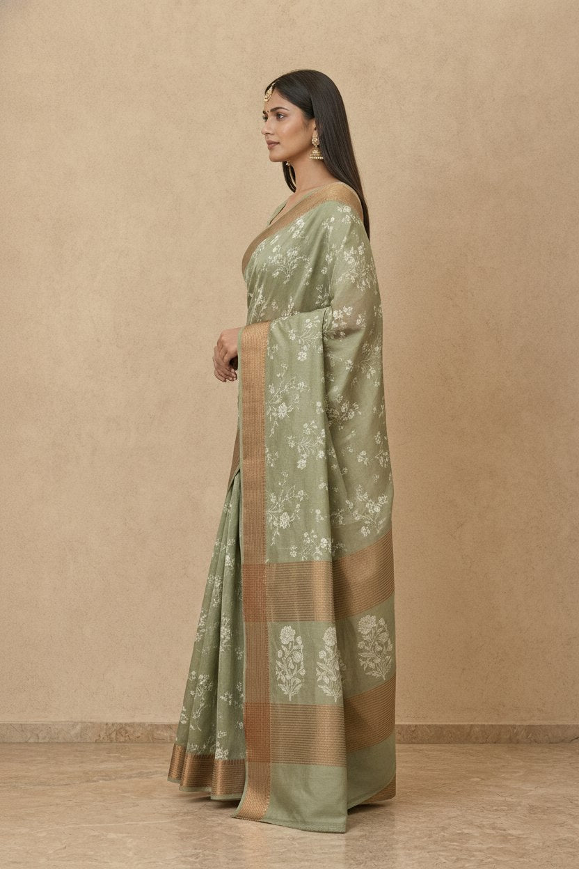 Printed Chanderi-Style Cotton Silk Saree in Sage