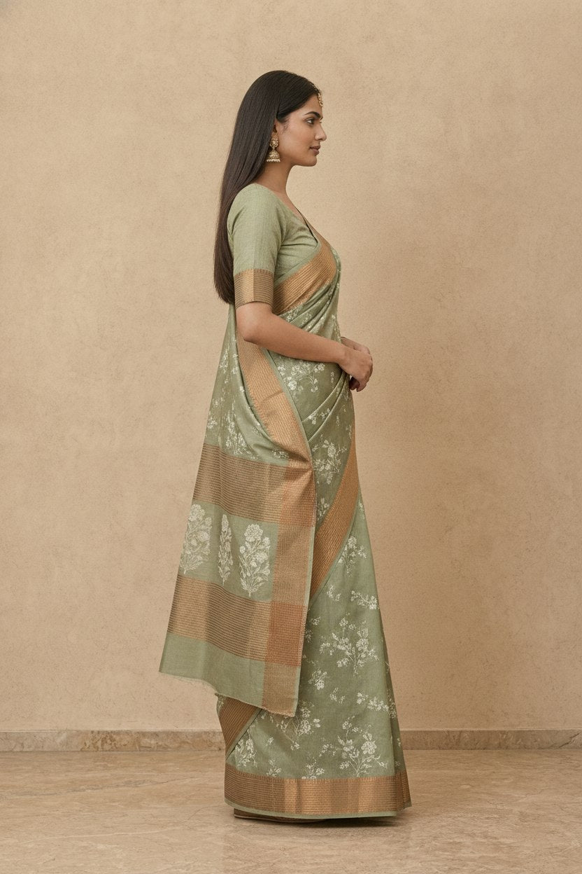 Printed Chanderi-Style Cotton Silk Saree in Sage