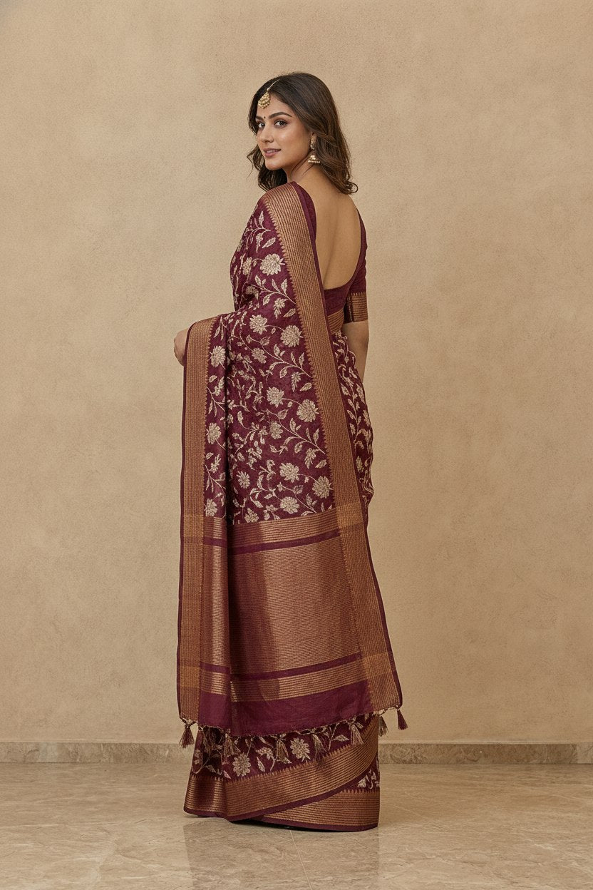 Printed Chanderi-Style Cotton Silk Saree in Wine