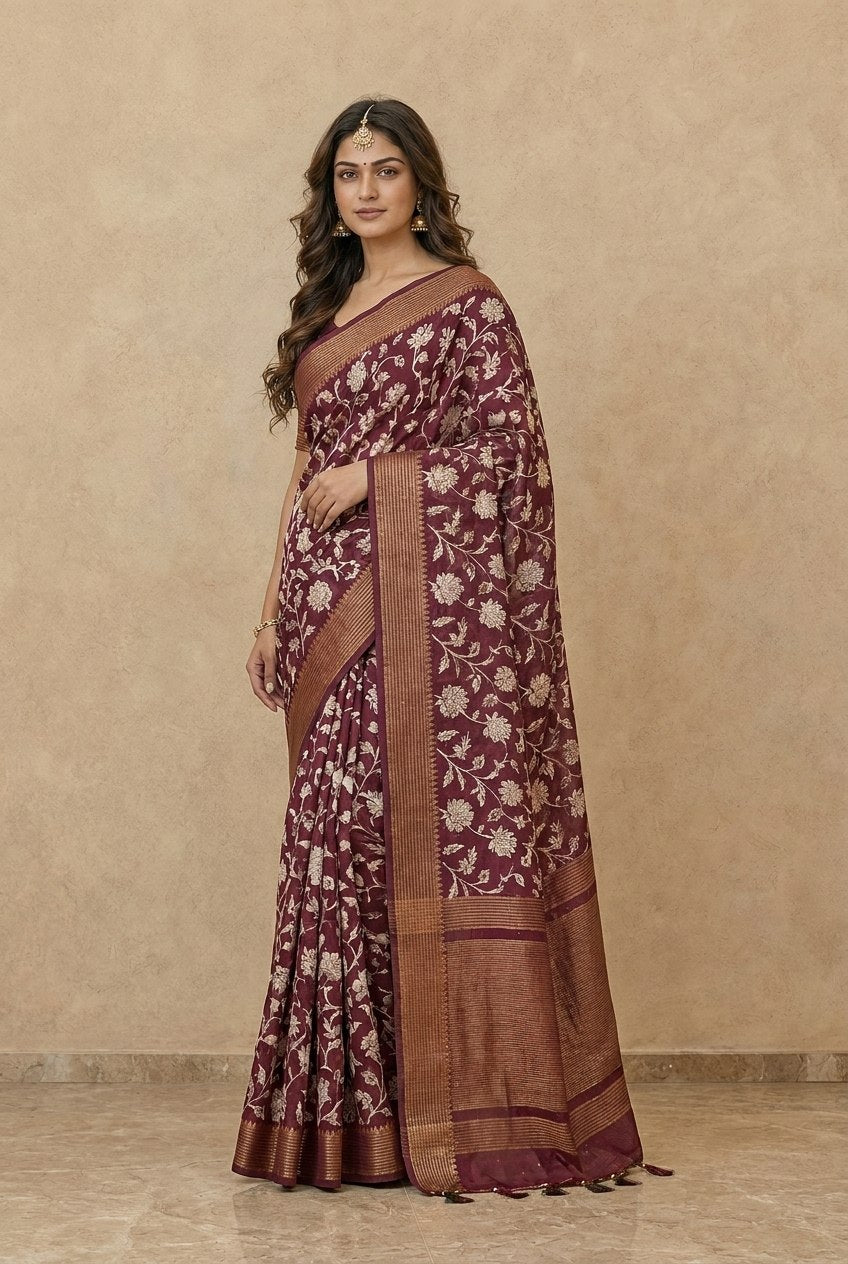 Printed Chanderi-Style Cotton Silk Saree in Wine