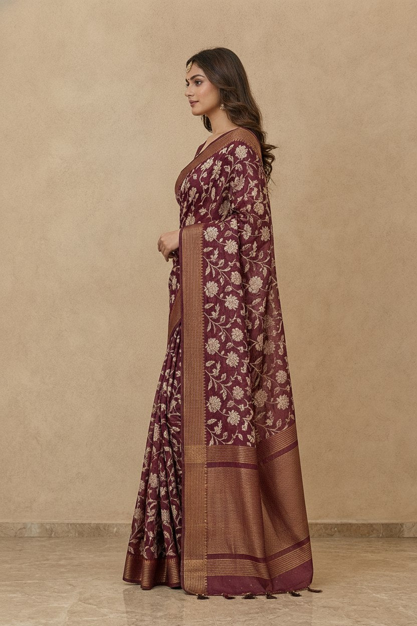 Printed Chanderi-Style Cotton Silk Saree in Wine