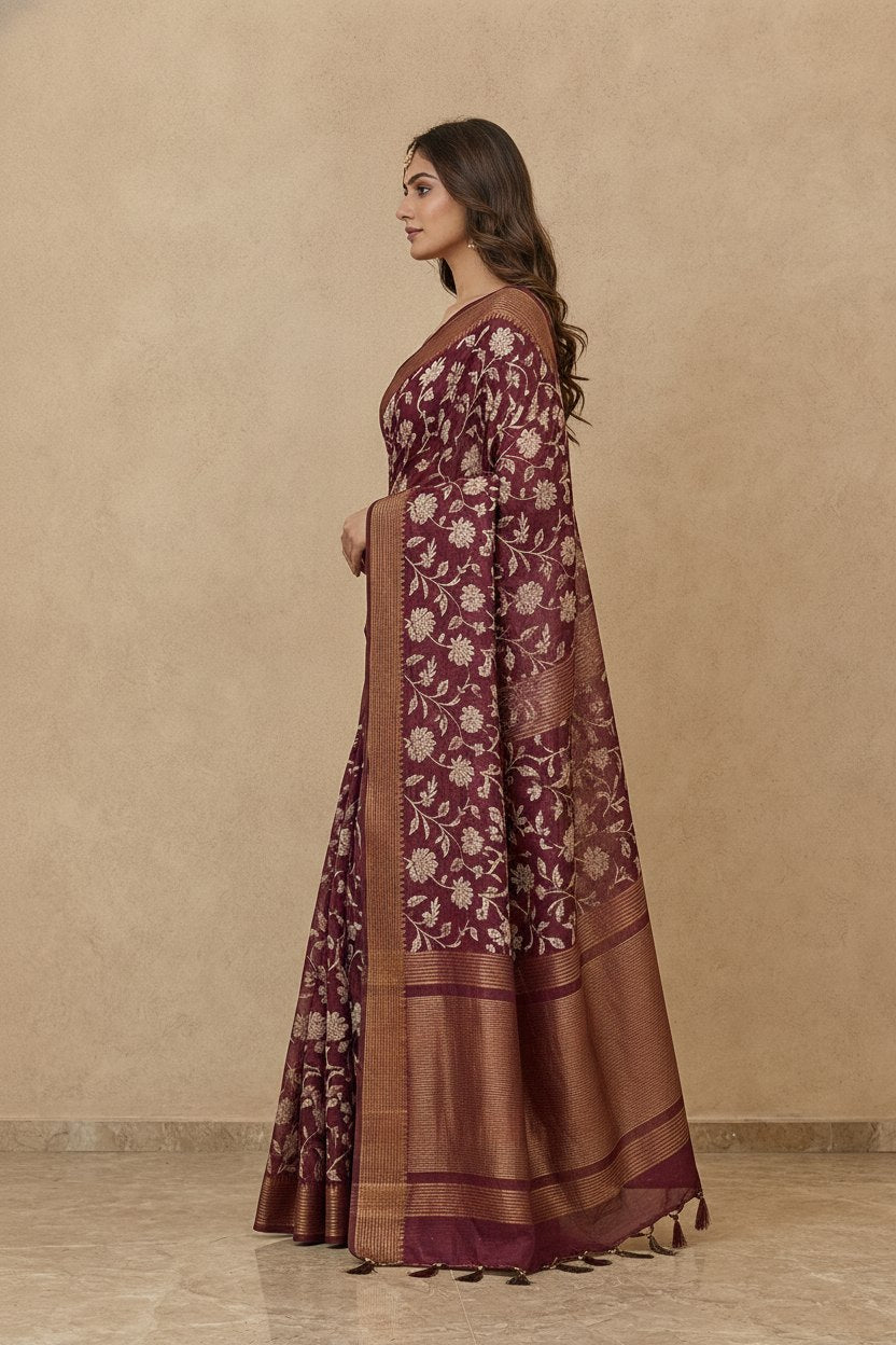 Printed Chanderi-Style Cotton Silk Saree in Wine