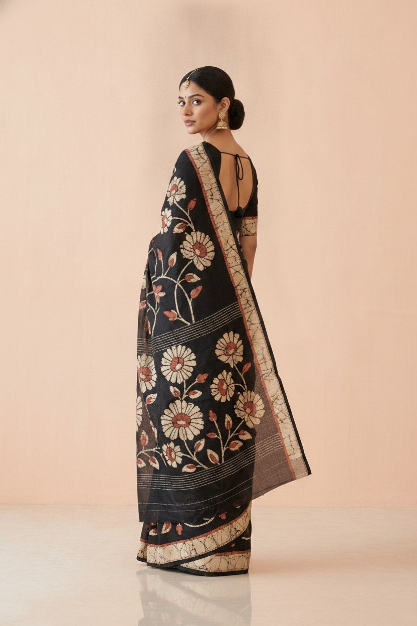 Printed Murshidabad Pure Silk Saree in Black