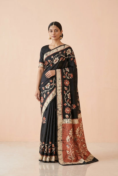 Printed Murshidabad Pure Silk Saree in Black