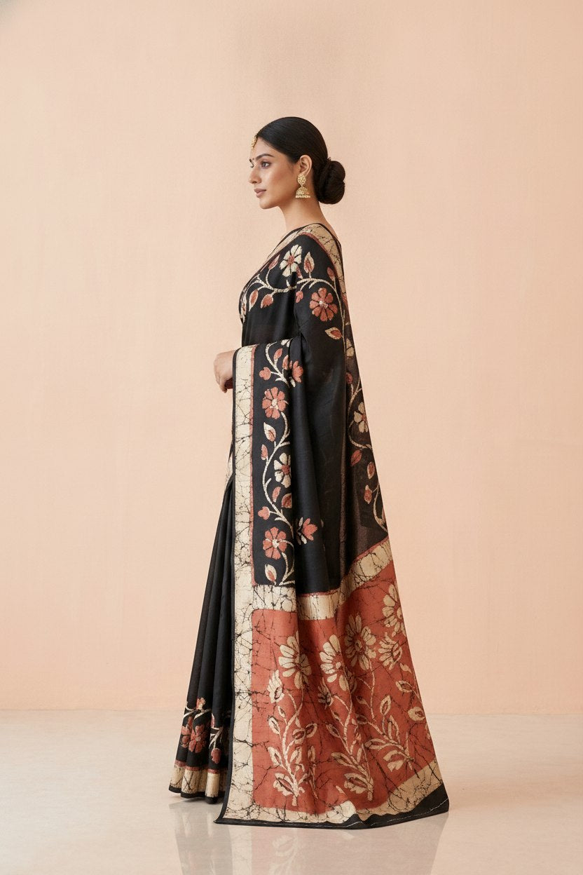 Printed Murshidabad Pure Silk Saree in Black