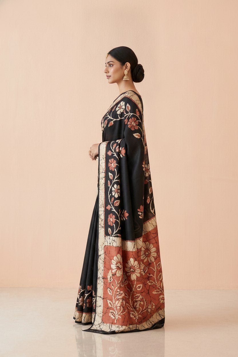 Printed Murshidabad Pure Silk Saree in Black