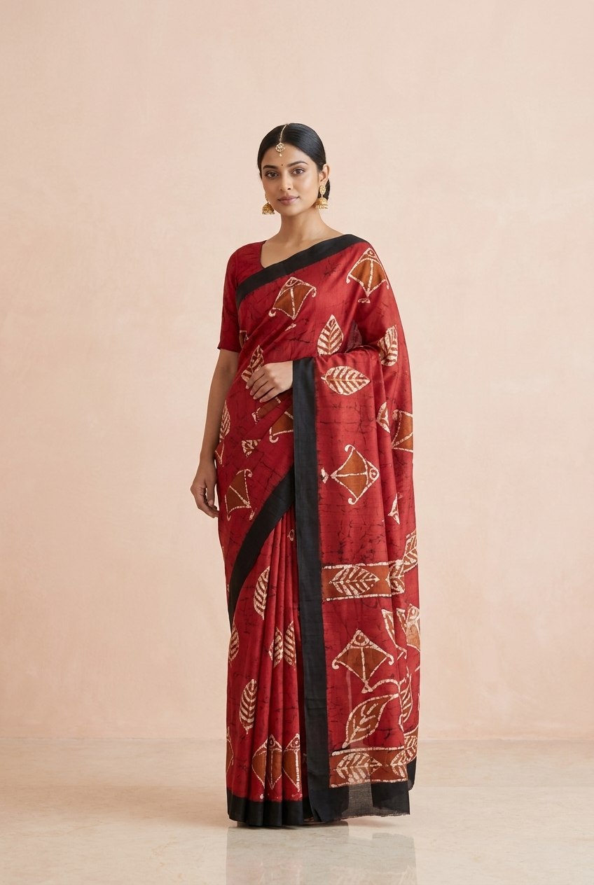 Printed Murshidabad Pure Silk Saree in Crimson