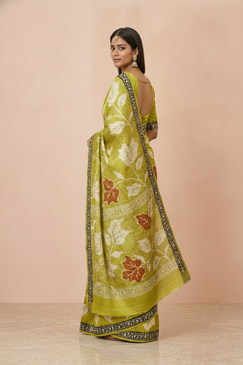 Printed Murshidabad Pure Silk Saree in Lime