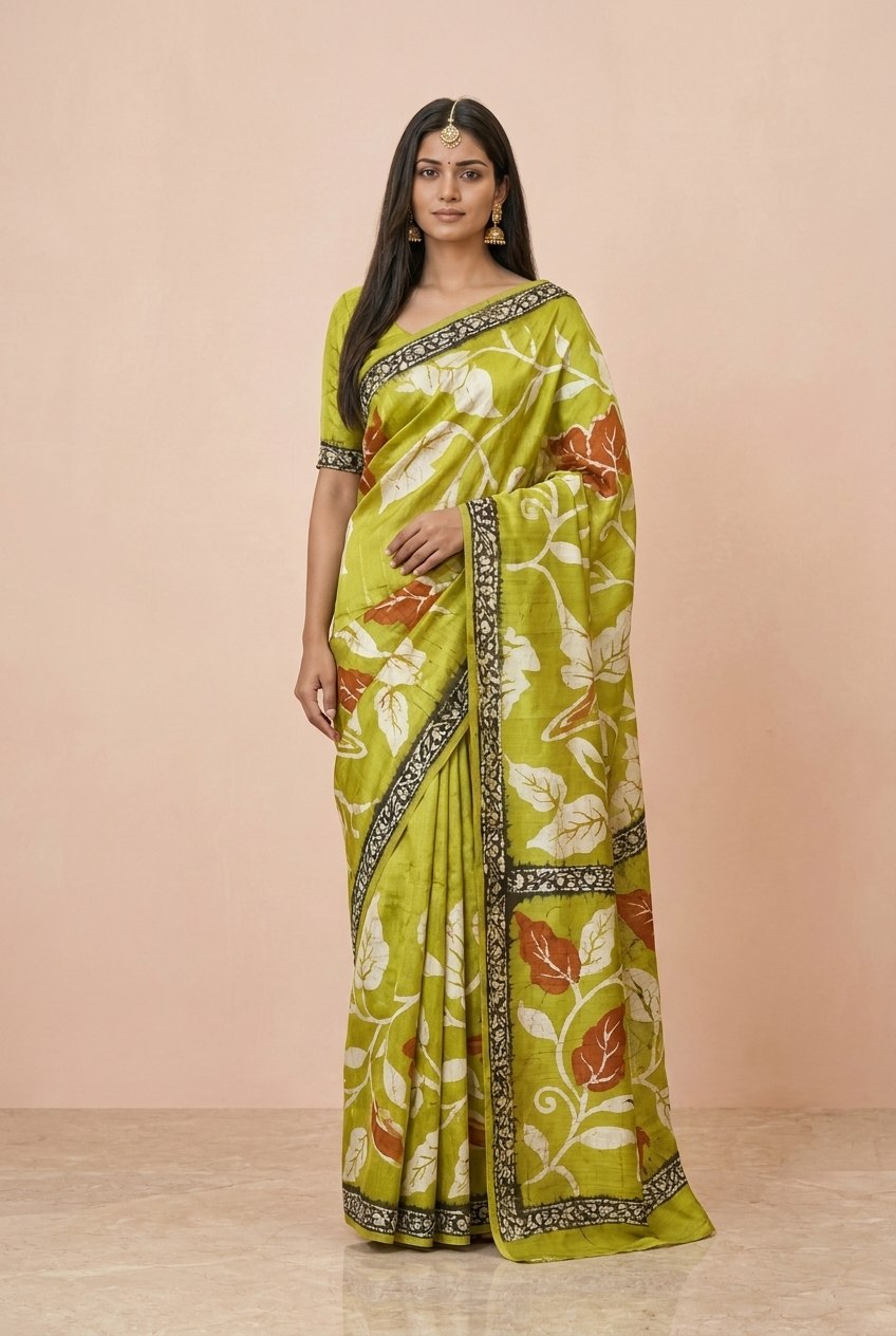 Printed Murshidabad Pure Silk Saree in Lime