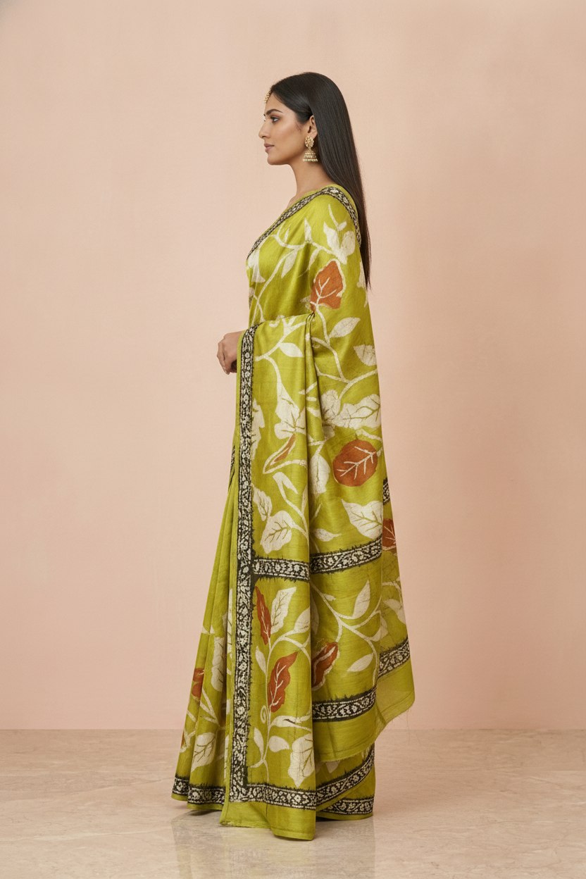 Printed Murshidabad Pure Silk Saree in Lime
