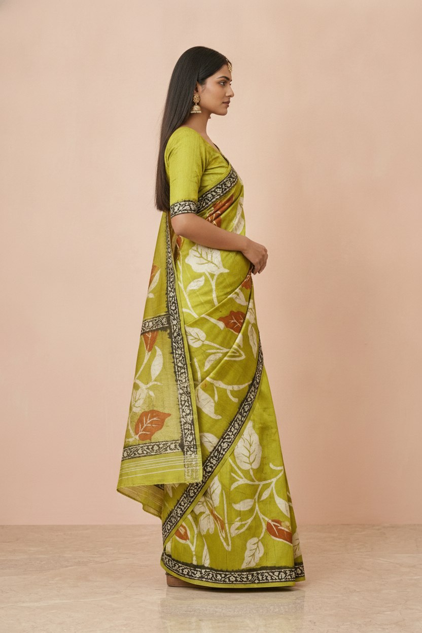Printed Murshidabad Pure Silk Saree in Lime