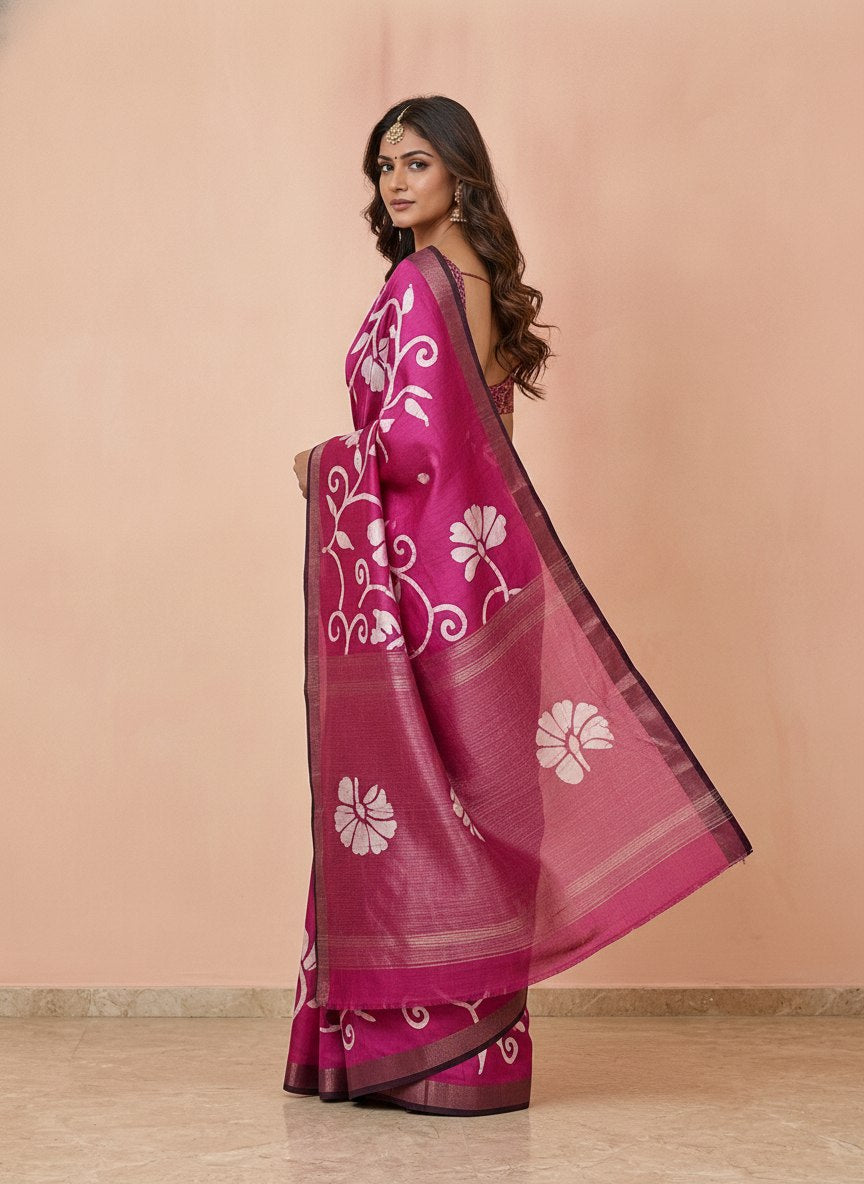 Printed Murshidabad Pure Silk Saree in Magenta