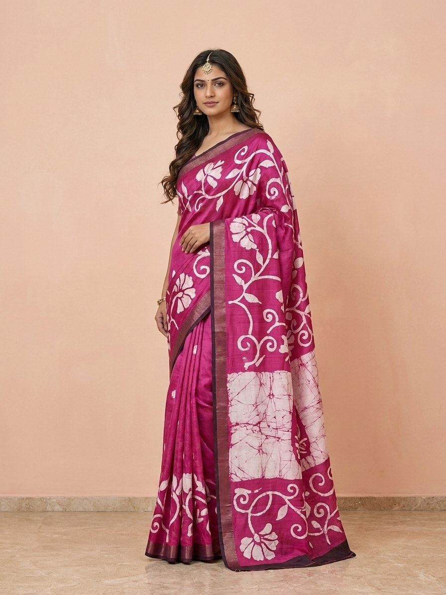 Printed Murshidabad Pure Silk Saree in Magenta