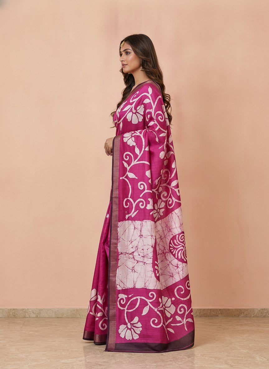 Printed Murshidabad Pure Silk Saree in Magenta