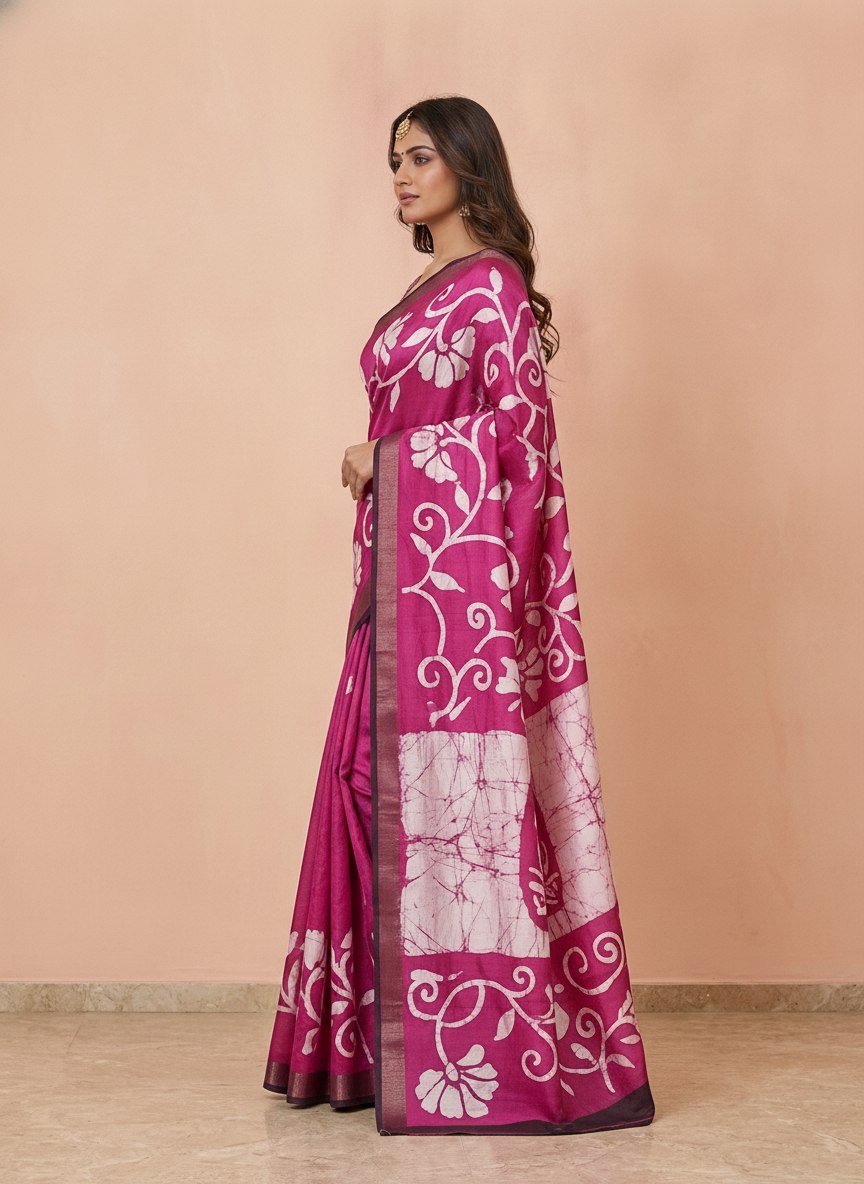 Printed Murshidabad Pure Silk Saree in Magenta