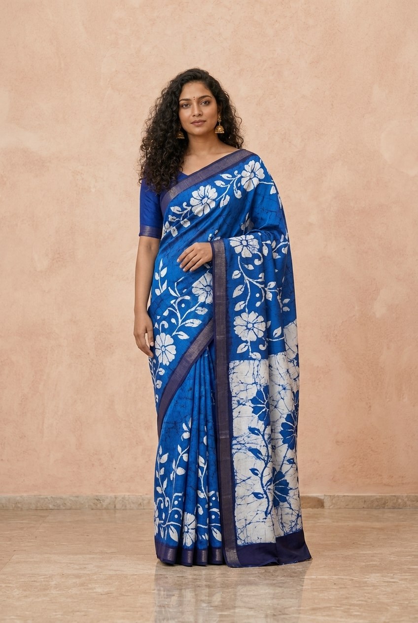 Printed Murshidabad Pure Silk Saree in Royal Blue