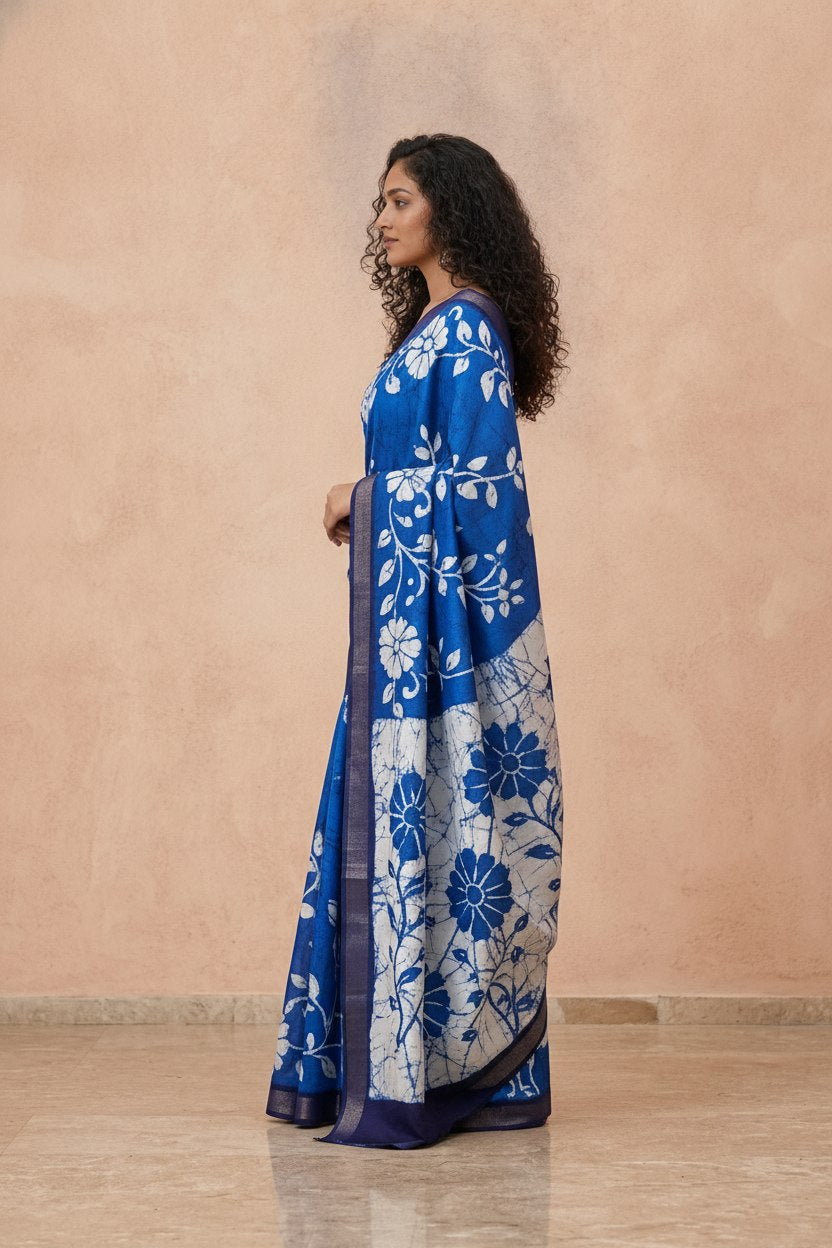 Printed Murshidabad Pure Silk Saree in Royal Blue