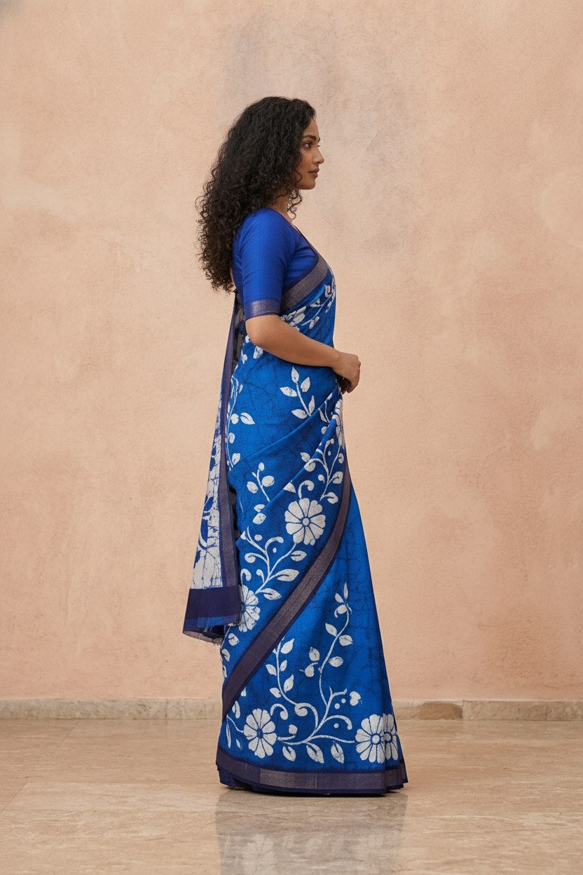 Printed Murshidabad Pure Silk Saree in Royal Blue