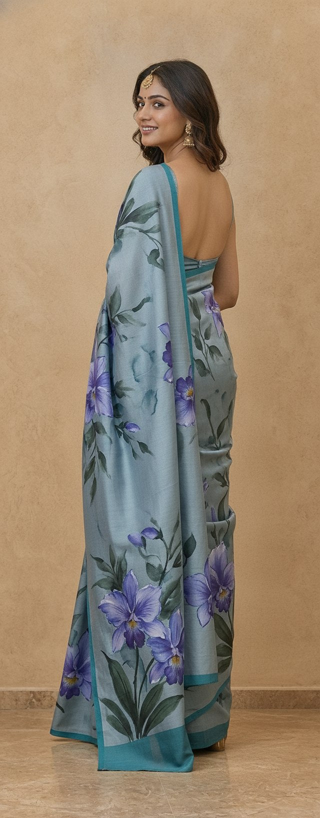 Hand-Painted Murshidabad Pure Silk Saree with Acid Discharge Art in Blue Orchid