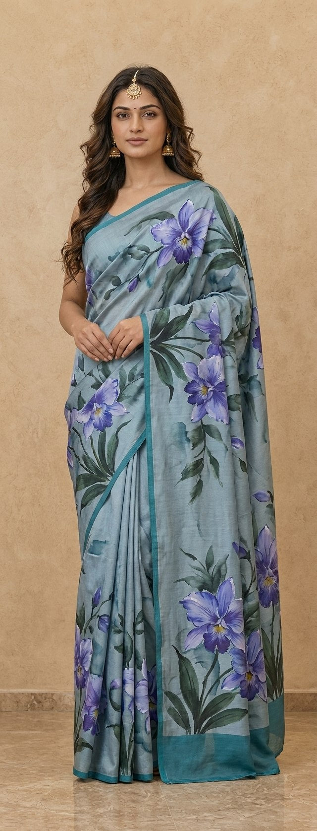 Hand-Painted Murshidabad Pure Silk Saree with Acid Discharge Art in Blue Orchid
