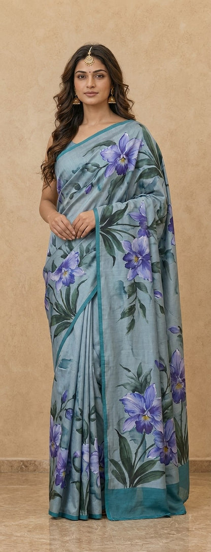 Hand-Painted Murshidabad Pure Silk Saree with Acid Discharge Art in Blue Orchid