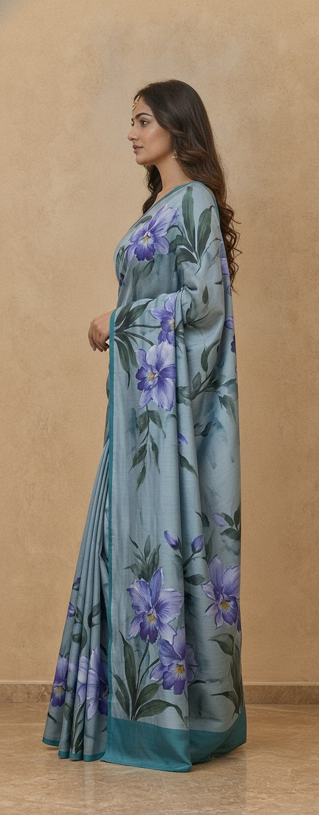 Hand-Painted Murshidabad Pure Silk Saree with Acid Discharge Art in Blue Orchid