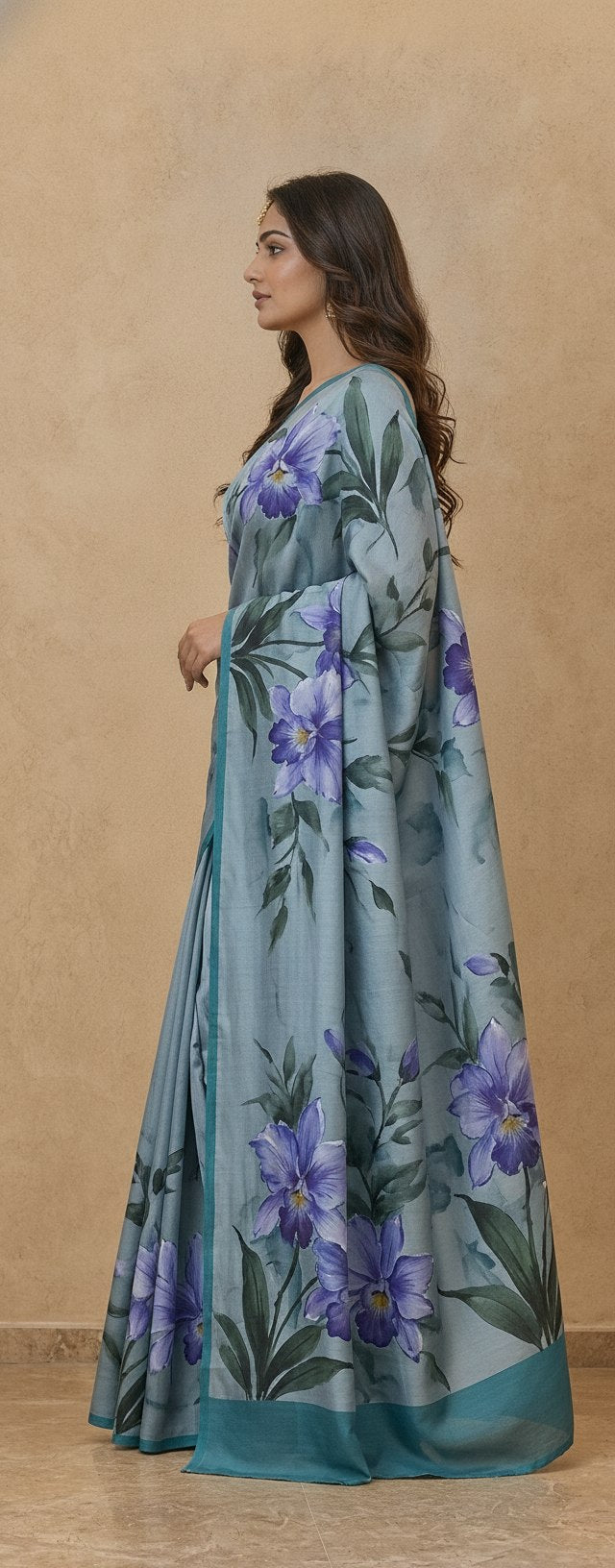 Hand-Painted Murshidabad Pure Silk Saree with Acid Discharge Art in Blue Orchid