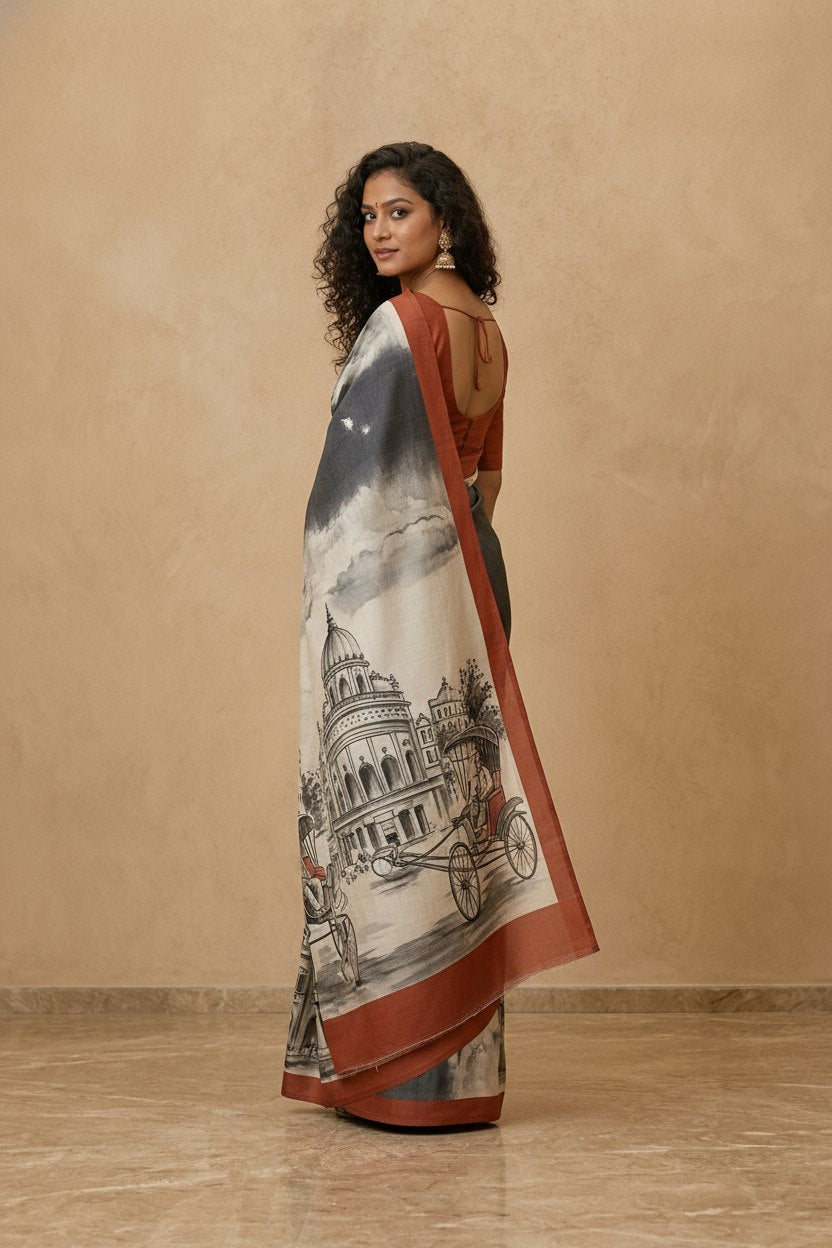 Hand-Painted Murshidabad Pure Silk Saree with Acid Discharge Art in Cityscape