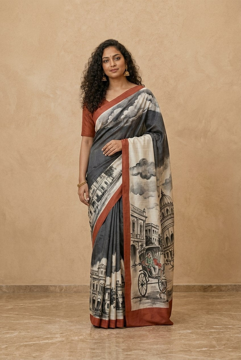 Hand-Painted Murshidabad Pure Silk Saree with Acid Discharge Art in Cityscape
