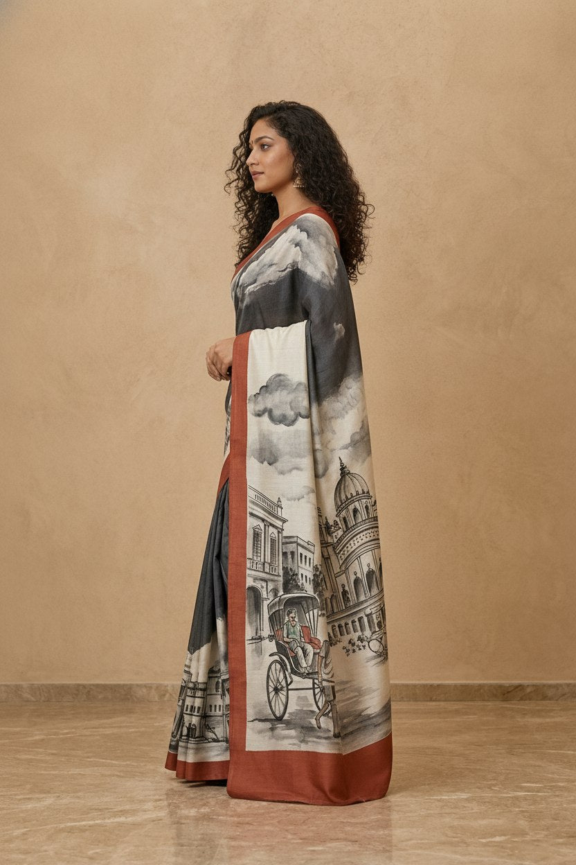 Hand-Painted Murshidabad Pure Silk Saree with Acid Discharge Art in Cityscape