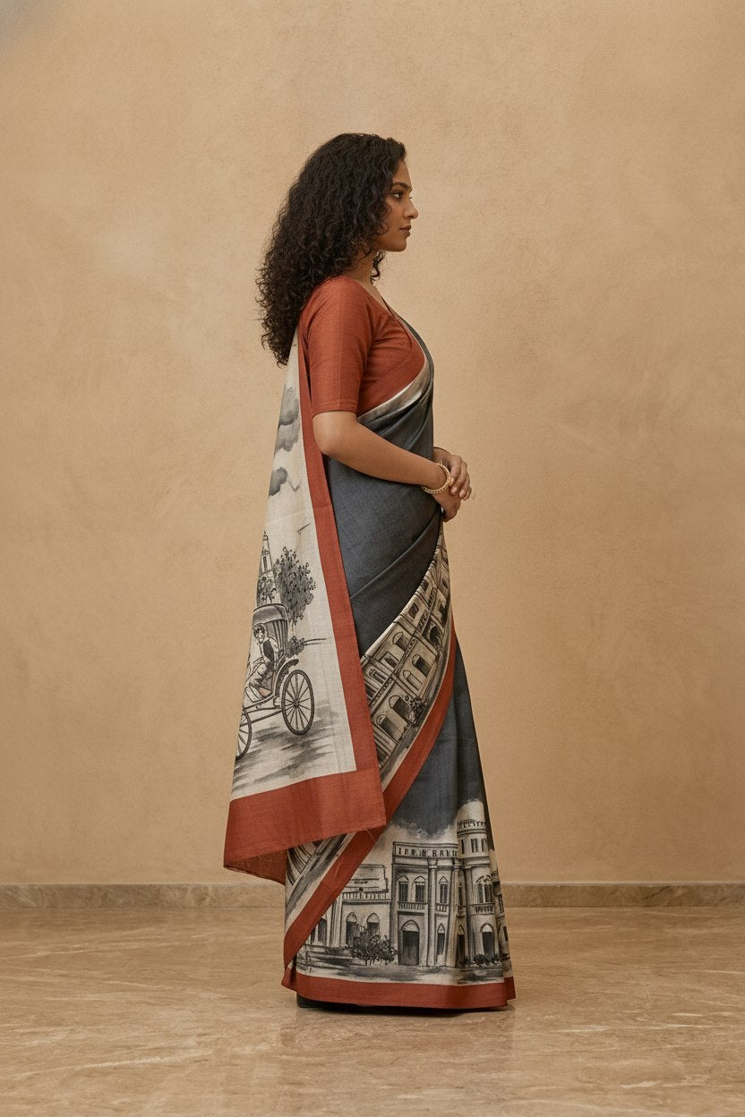 Hand-Painted Murshidabad Pure Silk Saree with Acid Discharge Art in Cityscape