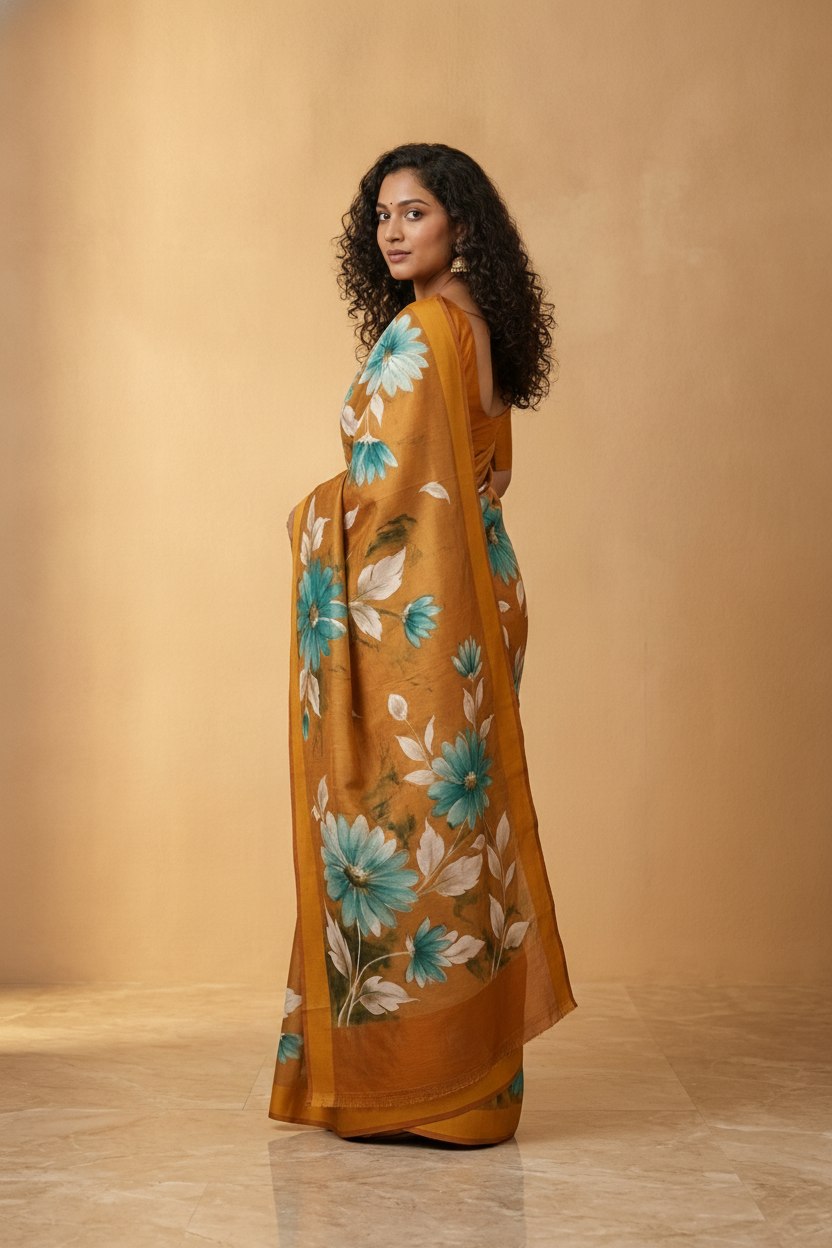 Hand-Painted Murshidabad Pure Silk Saree with Acid Discharge Art in Mustard Daisy