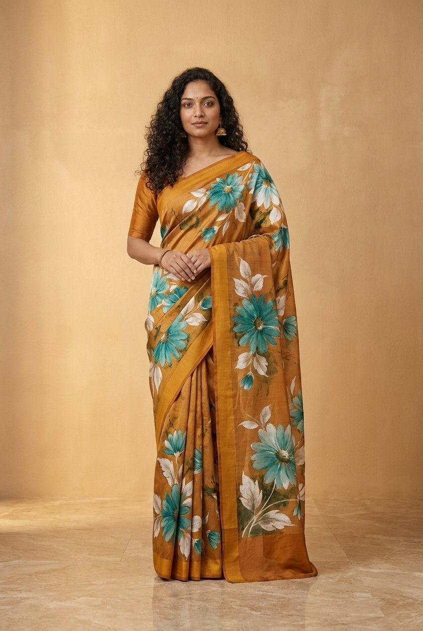 Hand-Painted Murshidabad Pure Silk Saree with Acid Discharge Art in Mustard Daisy