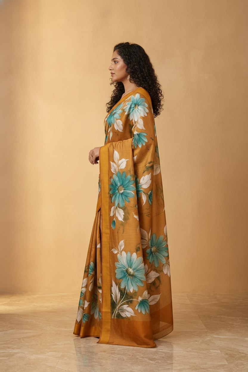 Hand-Painted Murshidabad Pure Silk Saree with Acid Discharge Art in Mustard Daisy