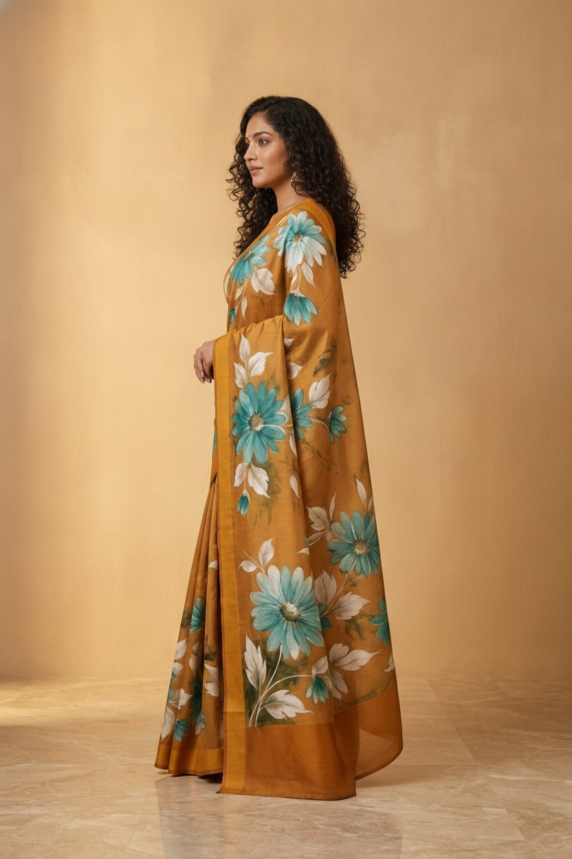 Hand-Painted Murshidabad Pure Silk Saree with Acid Discharge Art in Mustard Daisy