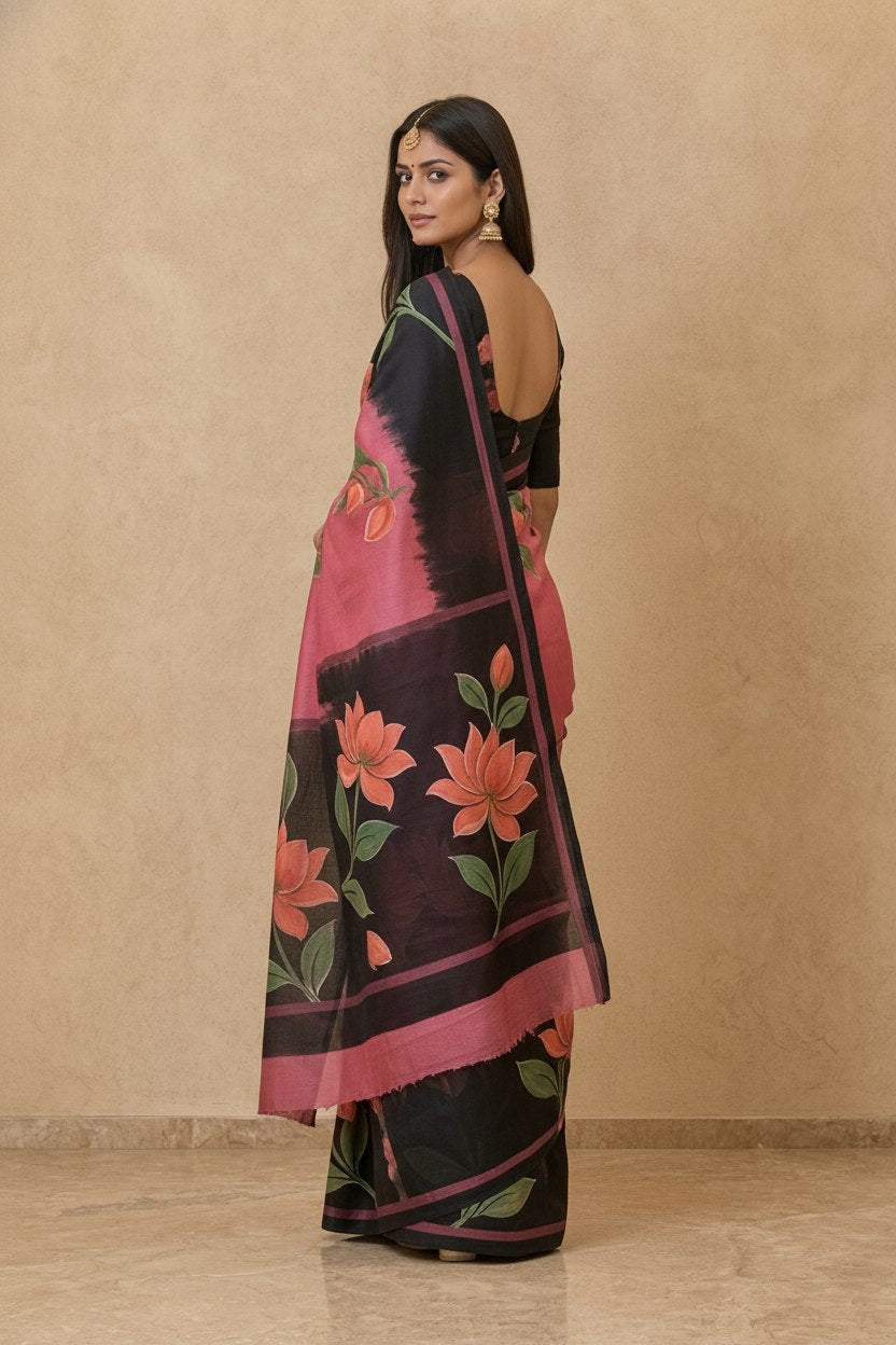Hand-Painted Murshidabad Pure Silk Saree with Acid Discharge Art in Pink Black