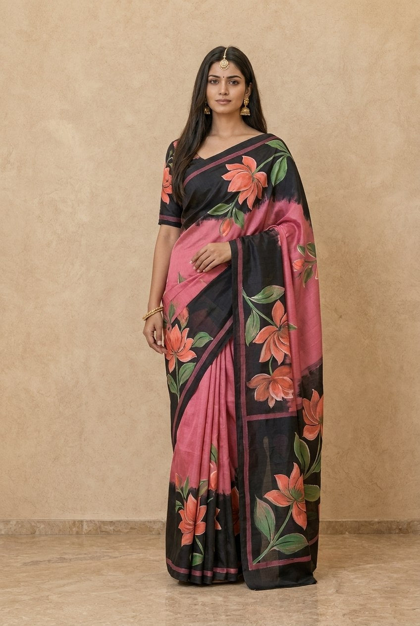 Hand-Painted Murshidabad Pure Silk Saree with Acid Discharge Art in Pink Black